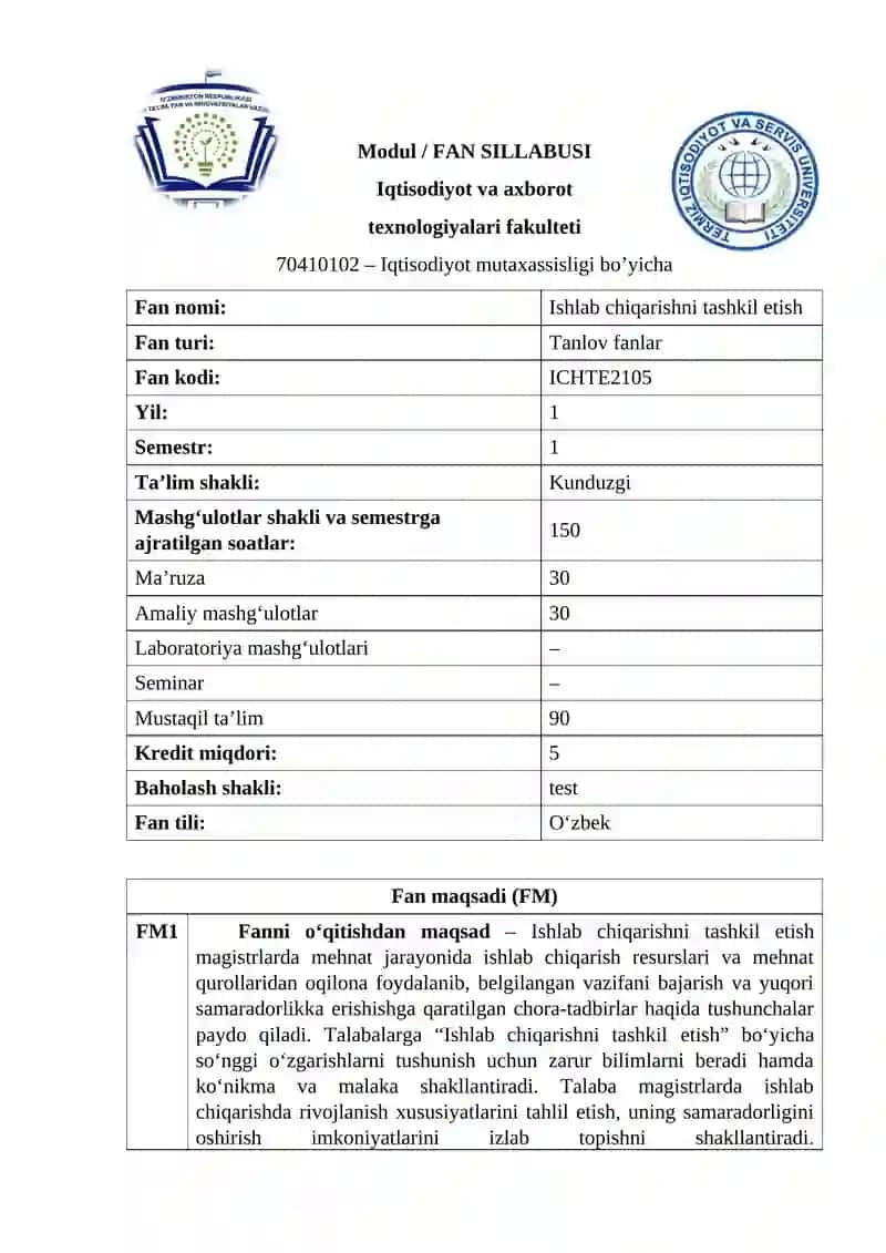 Ishlab chiqarishni tashkil etish 2