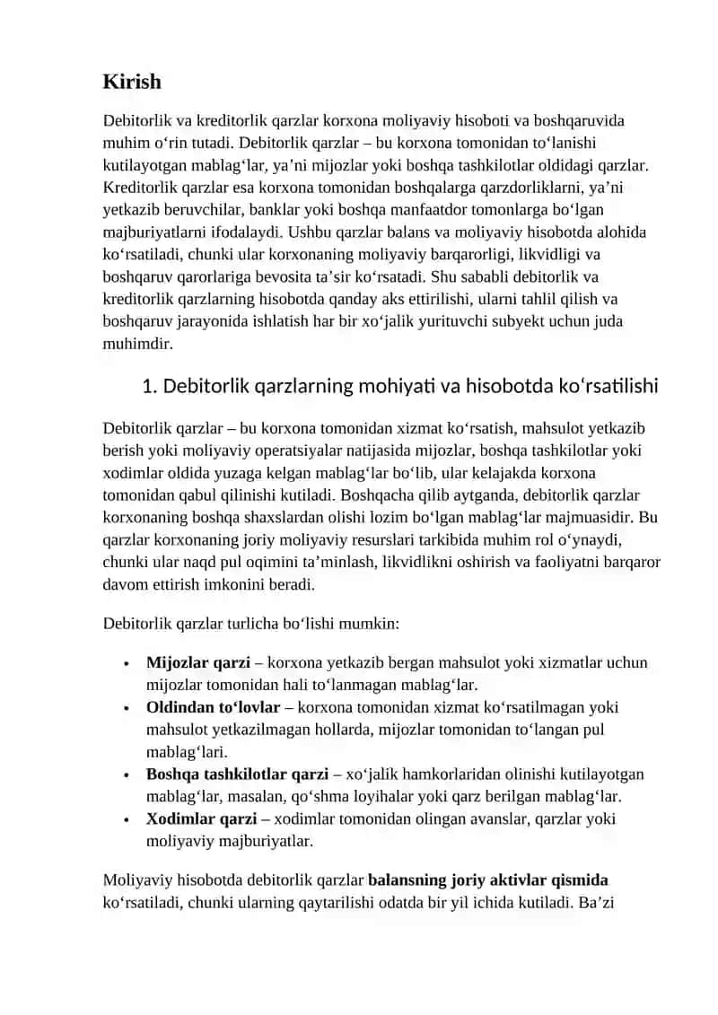 Debitorlik va kreditorlik qarzlarining hisobotda ko‘rsatilishi 2