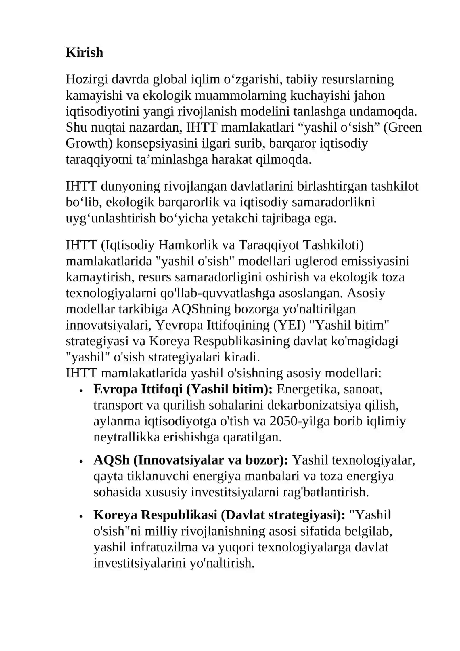 IHTT mamlakatlarida yashil o'sishni taminlash modellari 2