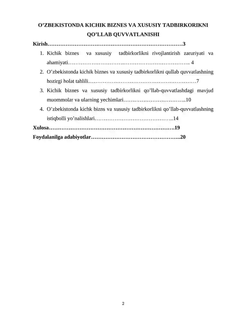 O’ZBEKISTONDA KICHIK BIZNES VA XUSUSIY TADBIRKORIKNI QO’LLAB QUVVATLANISHI 2