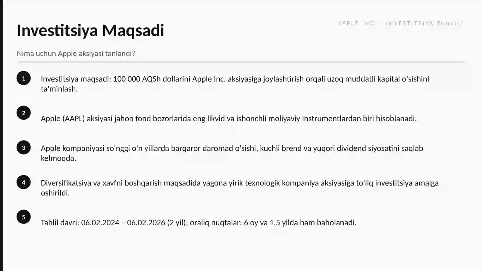 Apple Inc. Aksiyasiga Investitsiya Tahlili 2