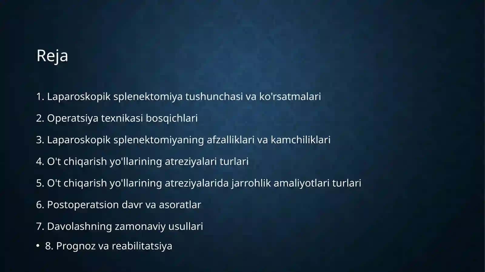 Laparoskopik splenektomiya. O‘t chiqarish yo‘llarining atreziyalarida operatsiyalar 2