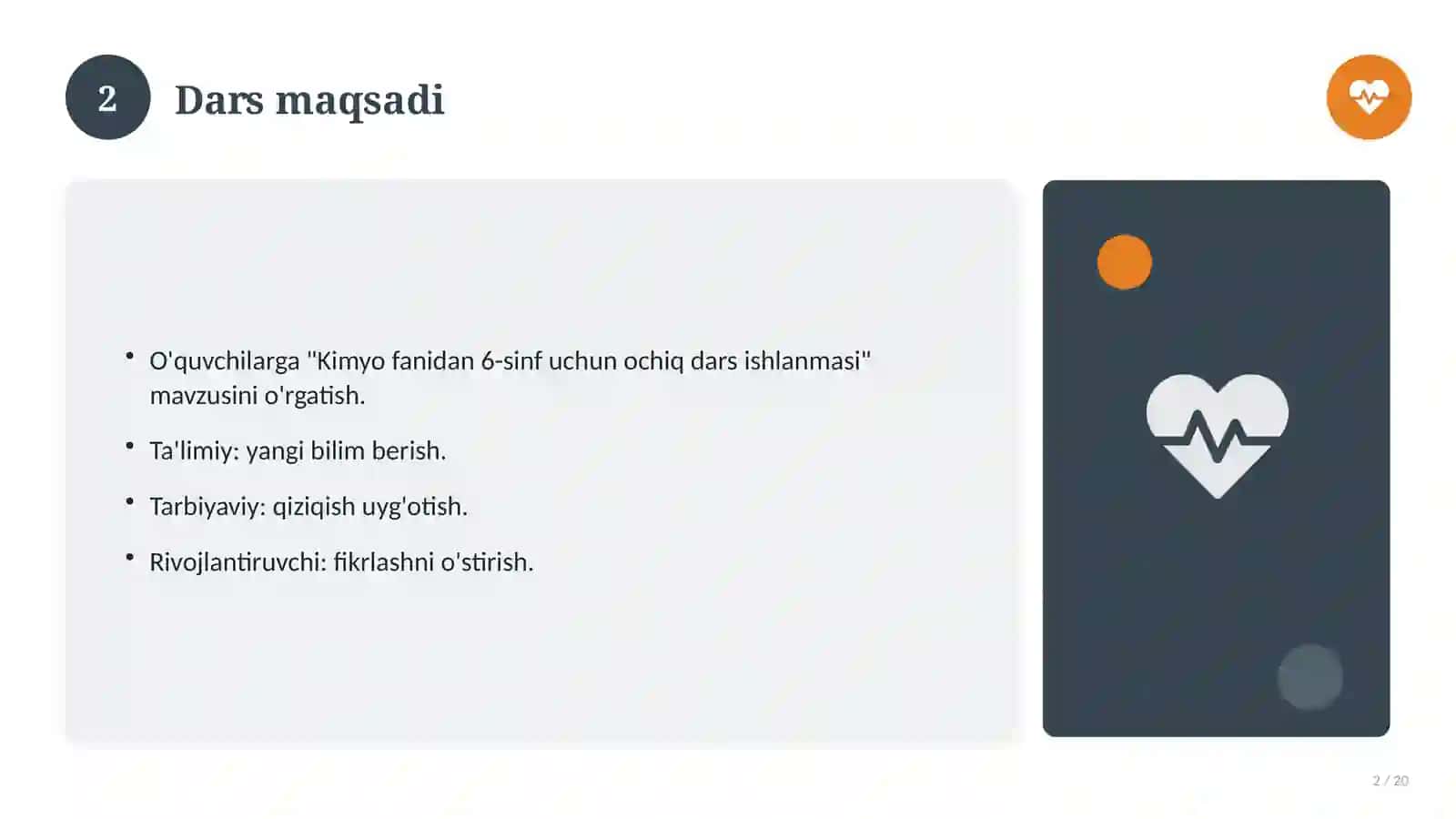Kimyo fanidan 6-sinf uchun ochiq dars ishlanmasi 2