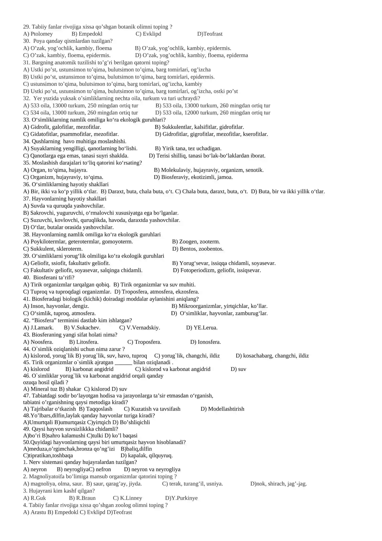 Ekologiya sinovlari va javoblari 2