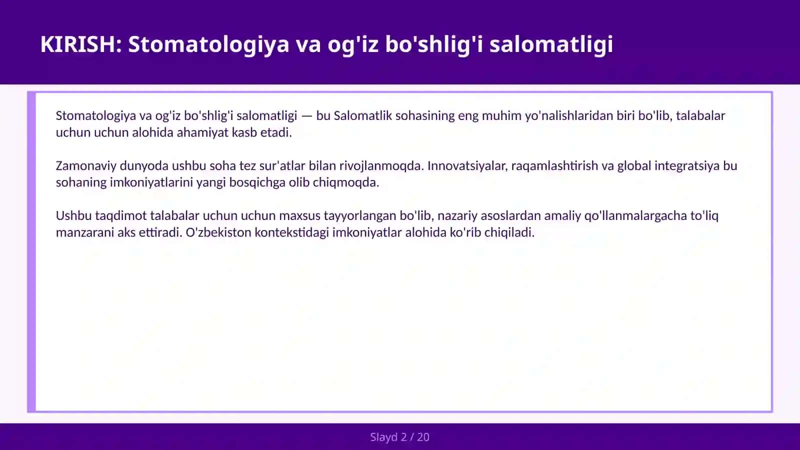 Profilaktik stomatologiya usullari talabalar uchun 2