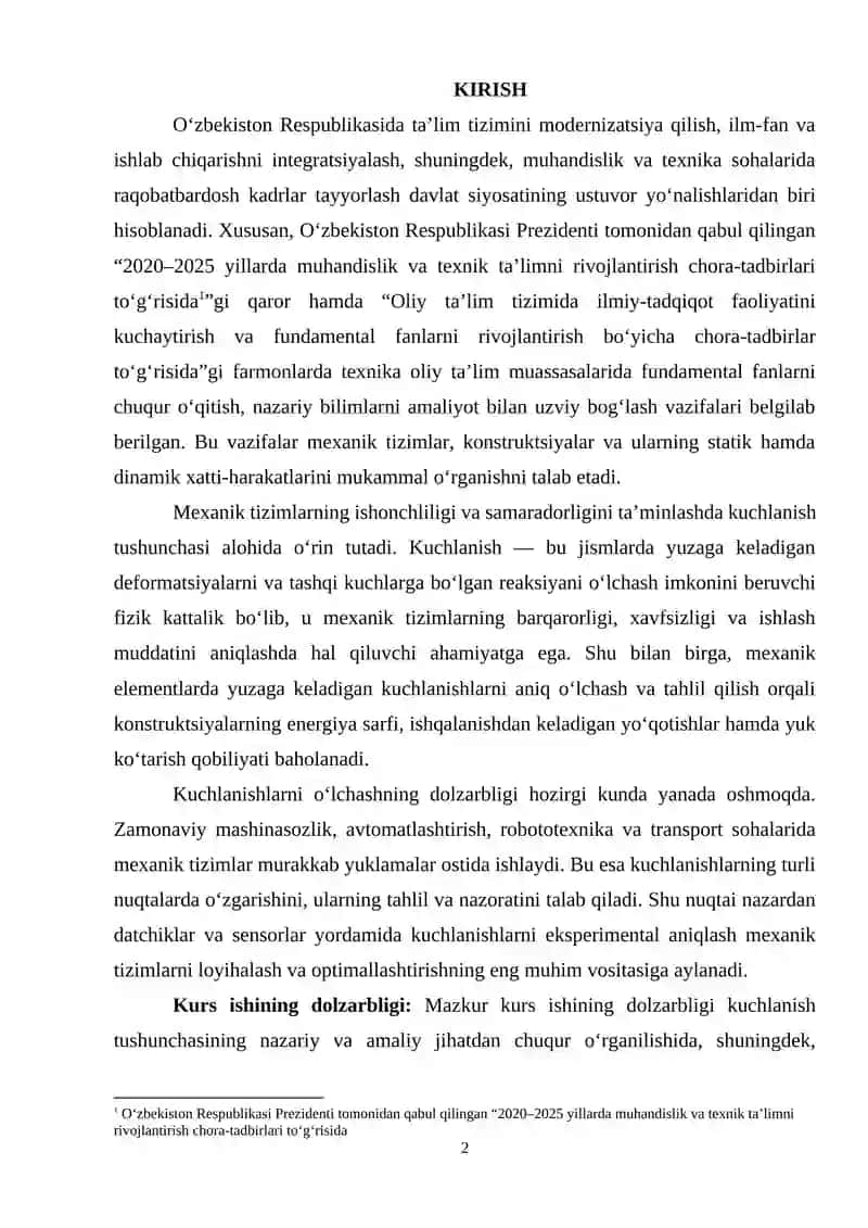 DATCHIKLAR YORDAMIDA KUCHLANISHLARNI EKSPERIMENTAL ANIQLASH 2