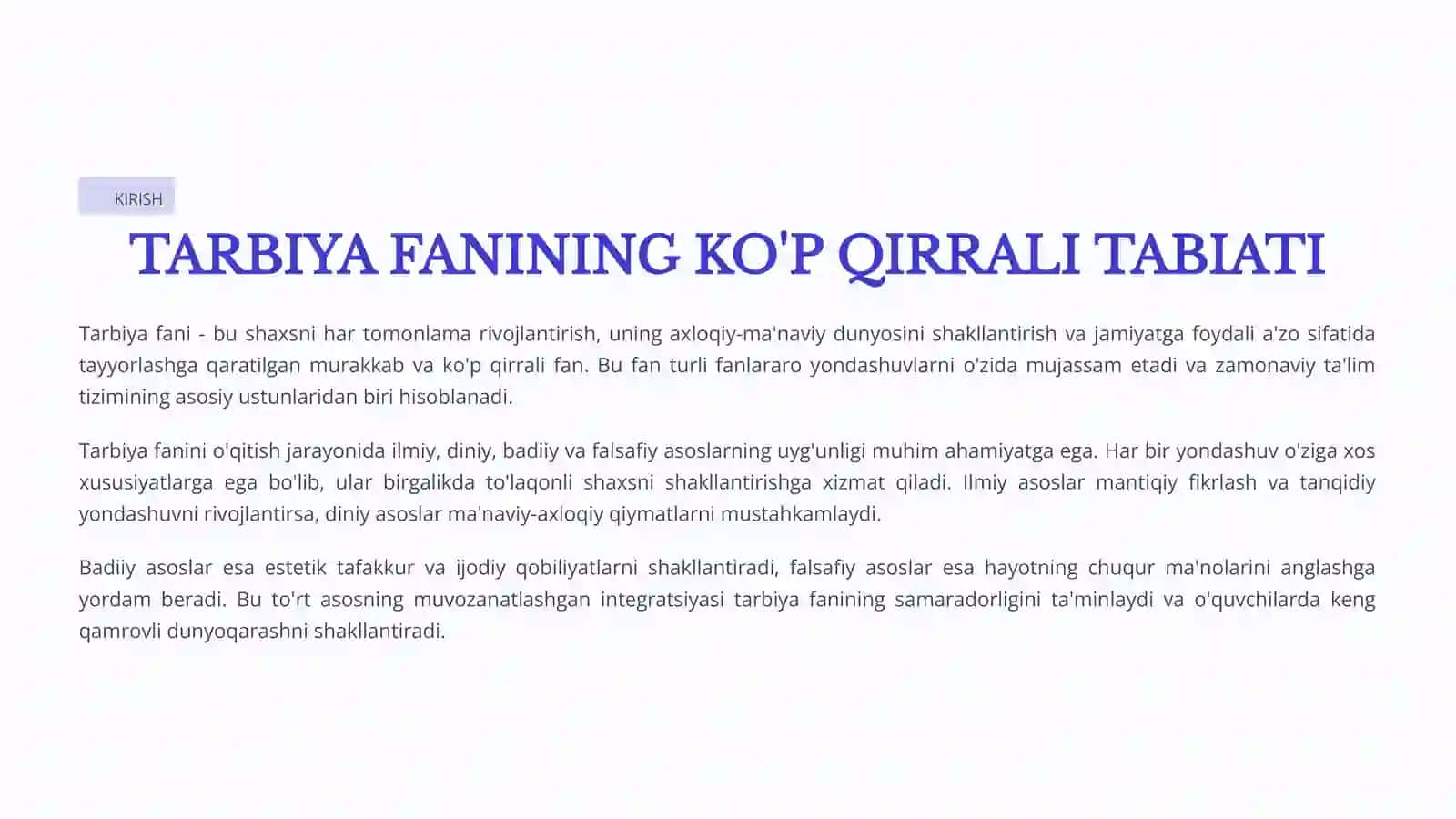 TARBIYA FANINI O'QITISHNING ILMIY, DINIY, BADIIY VA FALSAFIY ASOSLARI 2