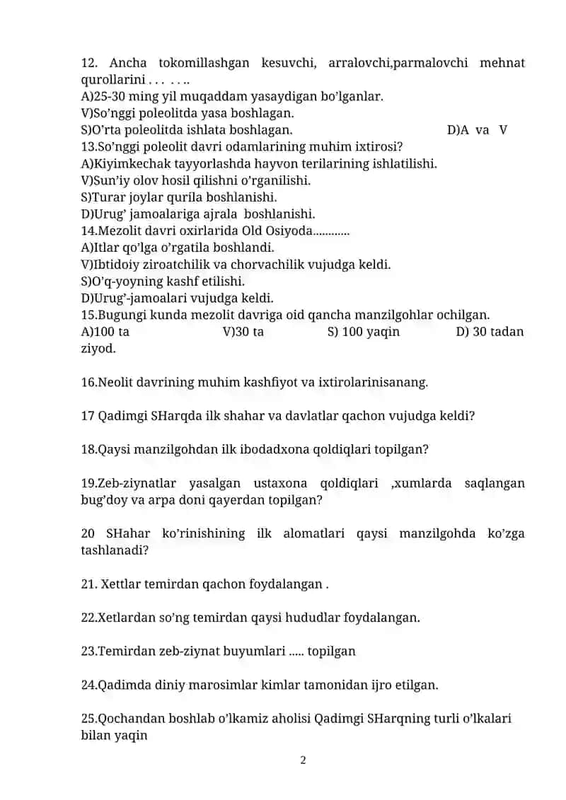 6- sinflar uchun tarixdan testlar( I chorak ) 2