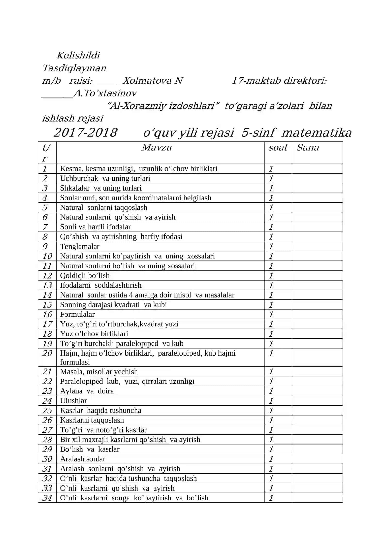 5-sinf Matematika fanidan to'garak konspekt 2