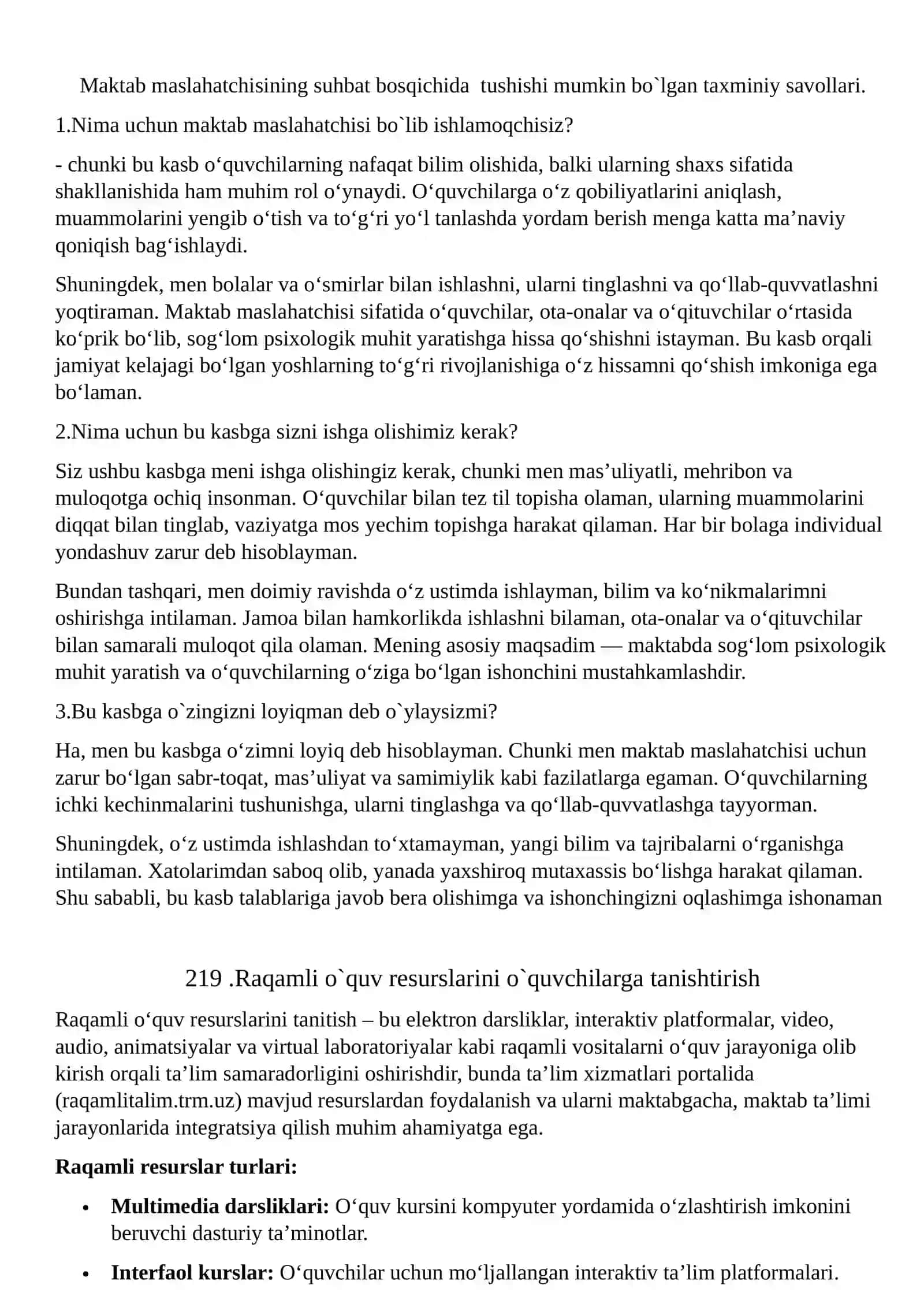 MAKTAB MASLAHATCHISI LAVOZIMIGA ISHGA KIRISH TEST SINOVlARI 2