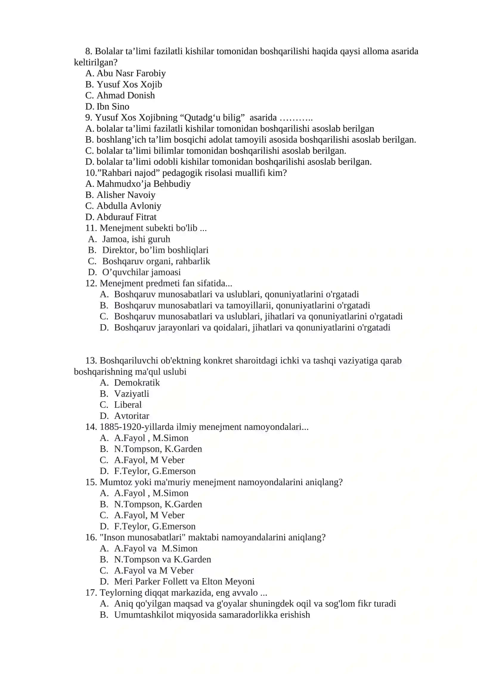 Boshlang’ich Ta’lim Menejmenti Umumiy Test Savollari 2