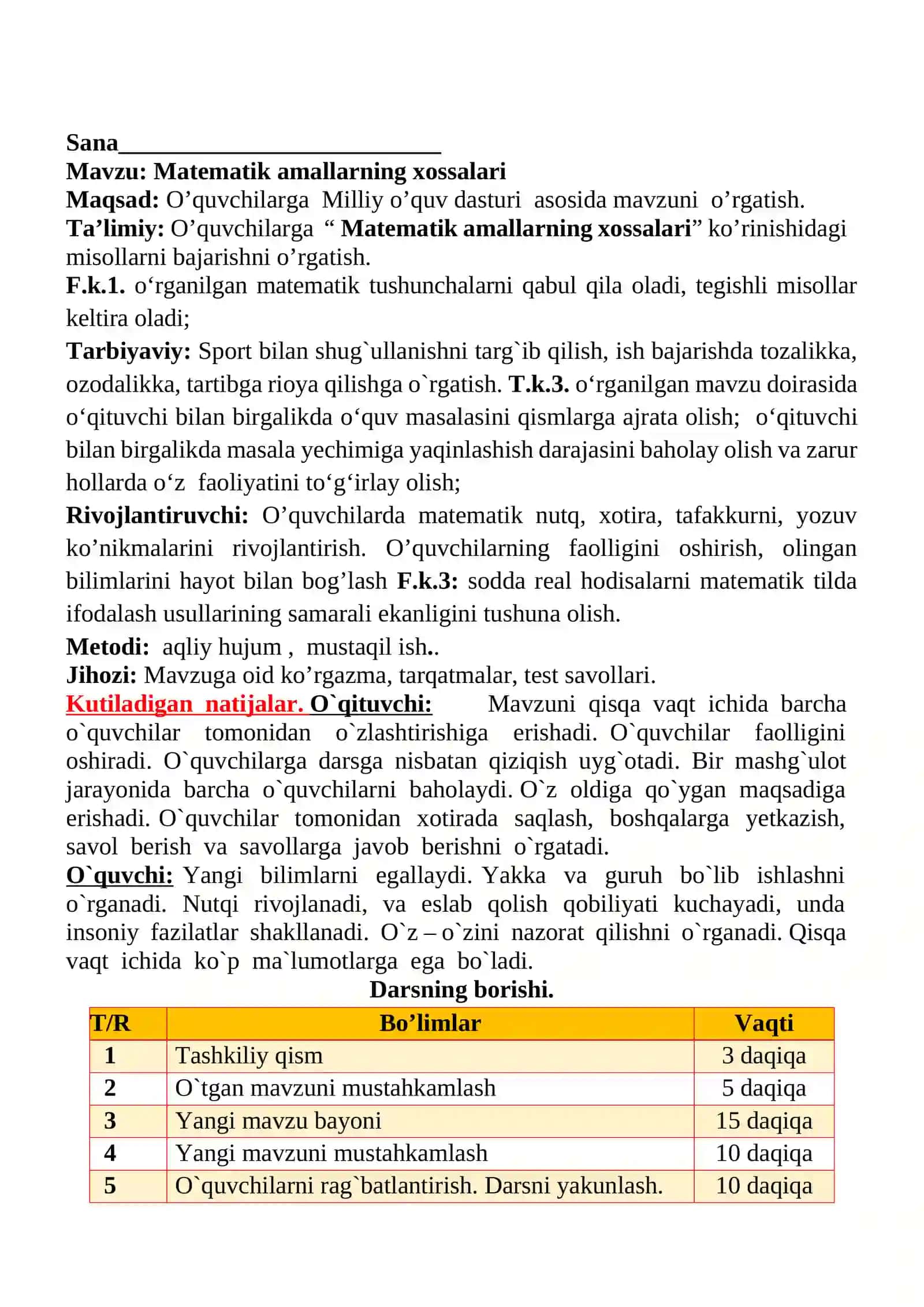 Matematik amallarning xossalari 1-sinflar uchun Matematika fanidan dars ishlanmasi 2