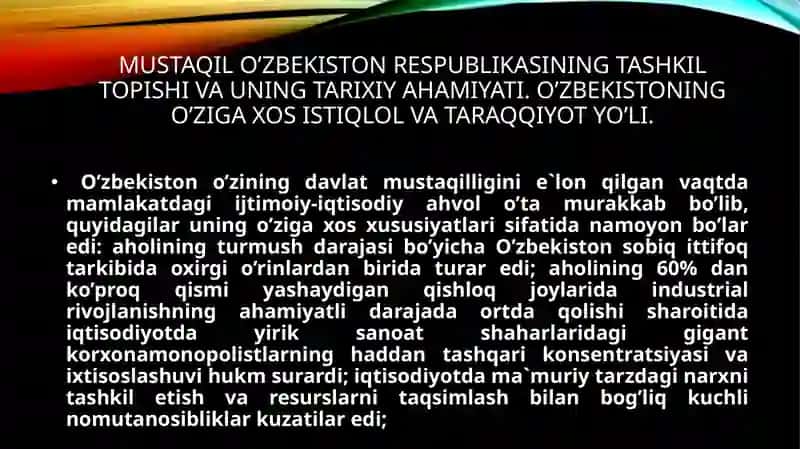 MUSTAQIL O’ZBEKISTON RESPUBLIKASINING TASHKIL TOPISHI VA UNING TARIXIY AHAMIYATI 2