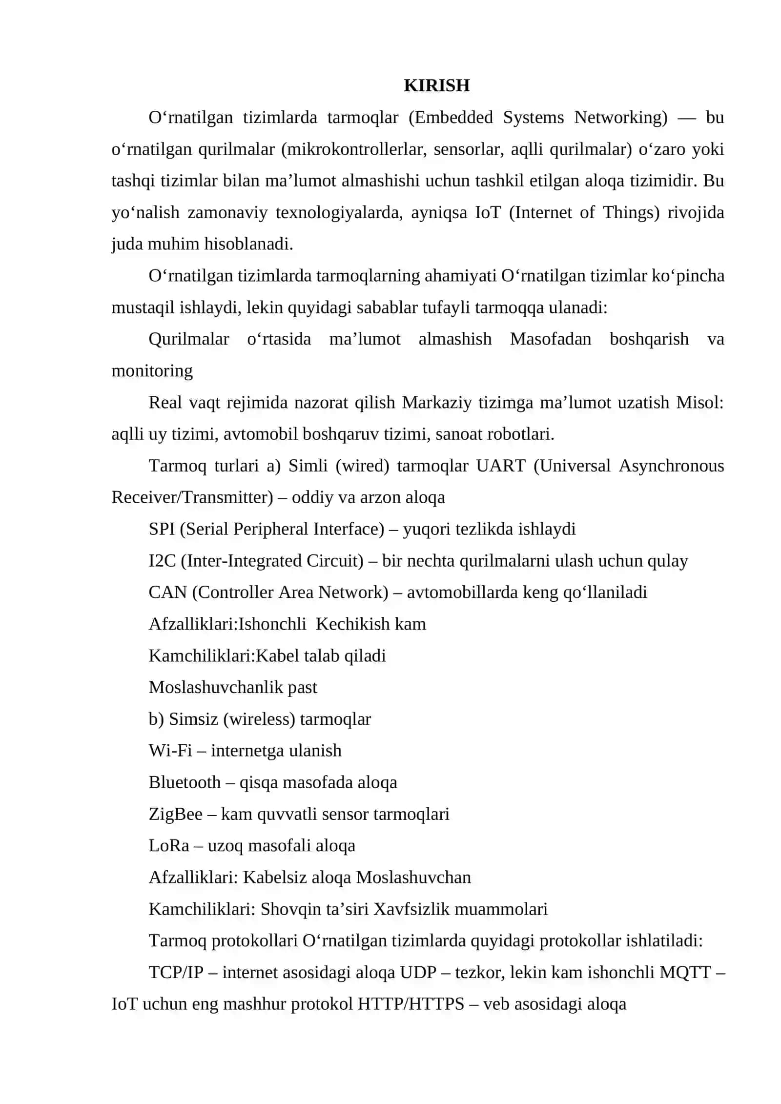O‘RNATILGAN TIZIMLARDA TARMOQLAR 2