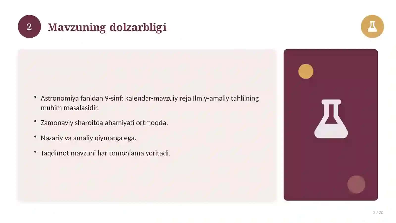 Astronomiya fanidan 9-sinf: kalendar-mavzuiy reja 2