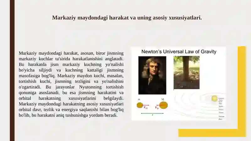 Mаrkаziy mаydondаgi hаrаkаt. Nyutonning butun olаm tortishish qonuni. Mаydon 2