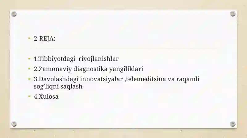 Mutaxassislik tarixi haqida ma’lumot; Tibbiyotdagi  yangiliklar haqida taqdimot 2
