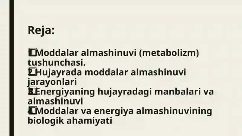 Xujayrada moddalar va energiya malumotlar almashinuvi 2