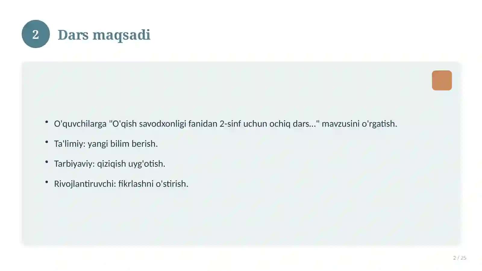 O'qish savodxonligi fanidan 2-sinf uchun ochiq dars ishlanmasi 2