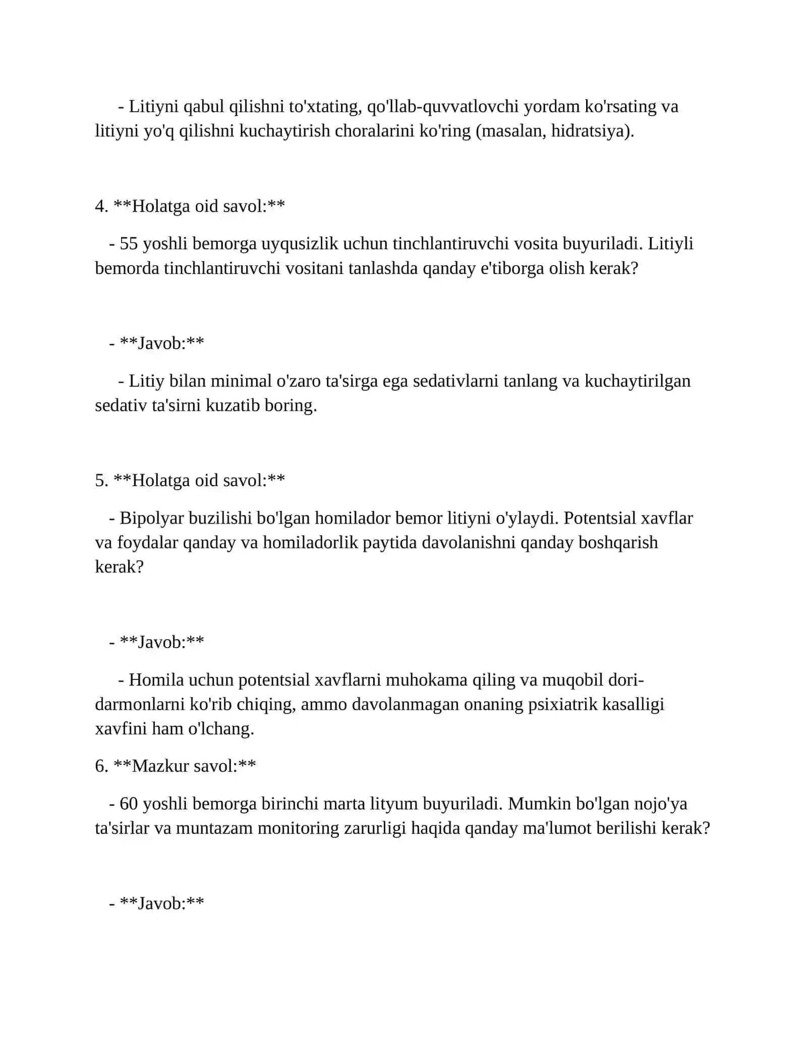 LITIY TUZLARI. SEDATIV VOSITALAR mavzusida test 2