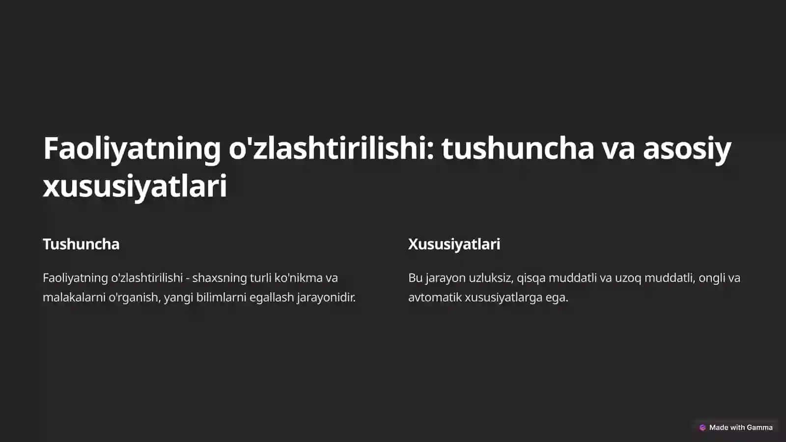 Faoliyatning o'zlashtirilishi va malakalarni egallash 2