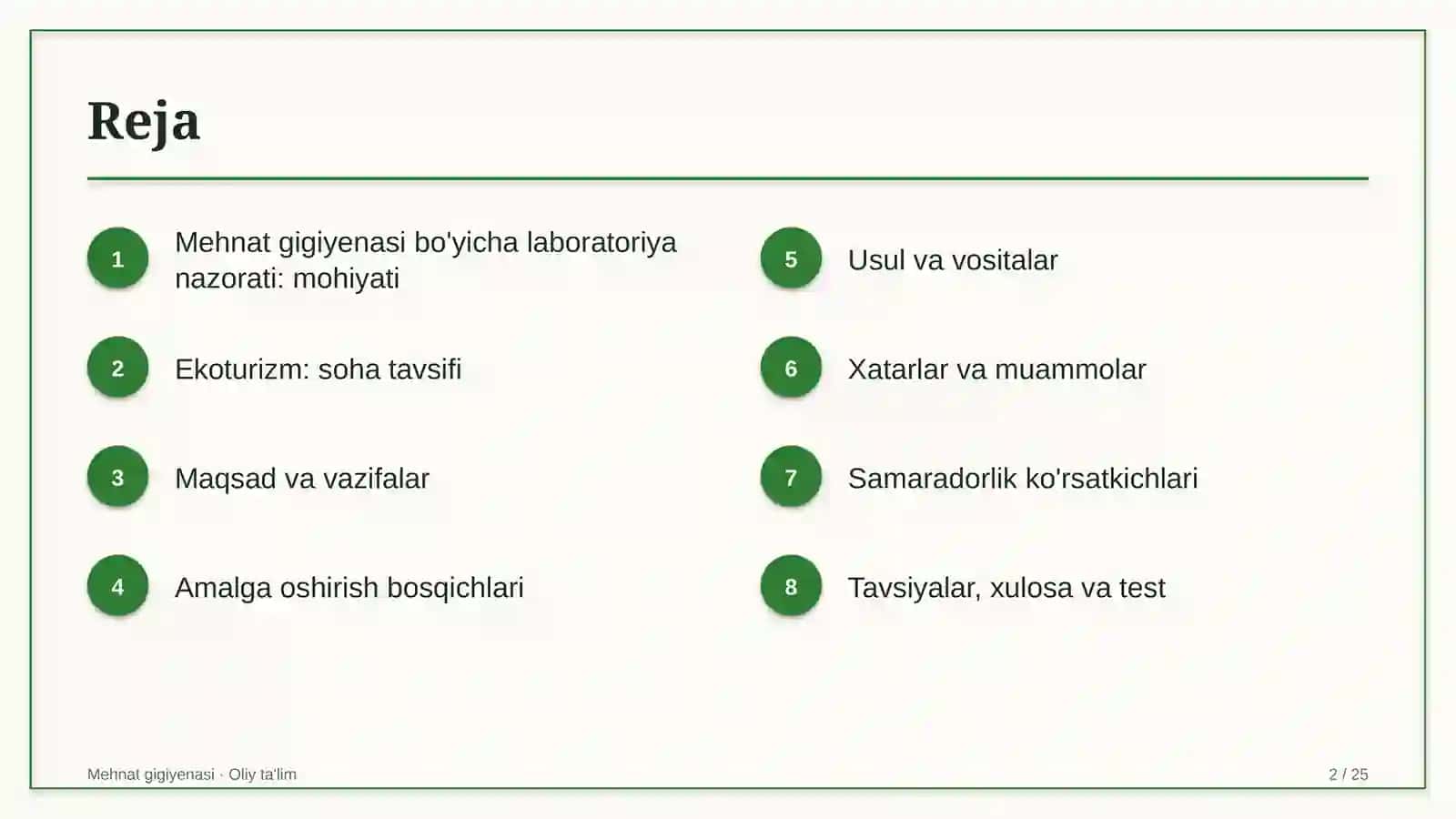 ekoturizmda mehnat gigiyenasi bo'yicha laboratoriya nazoratini tashkil etish 8517 2