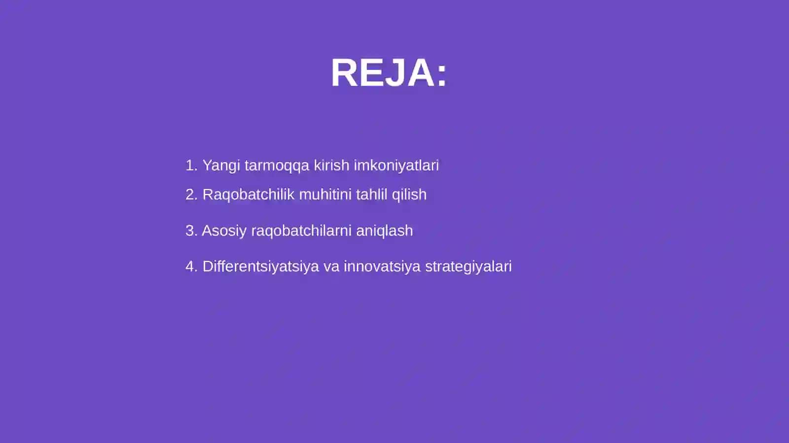 Yangi tarmoqdagi raqobatchilik uchun strategiyasi 2