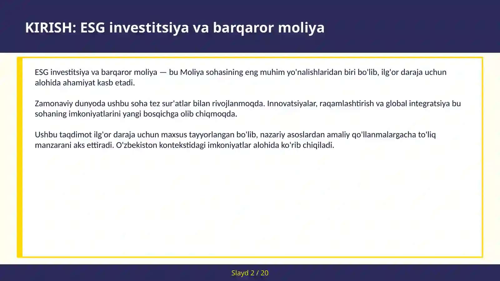 ESG INVESTITSIYA VA BARQAROR MOLIYA 2