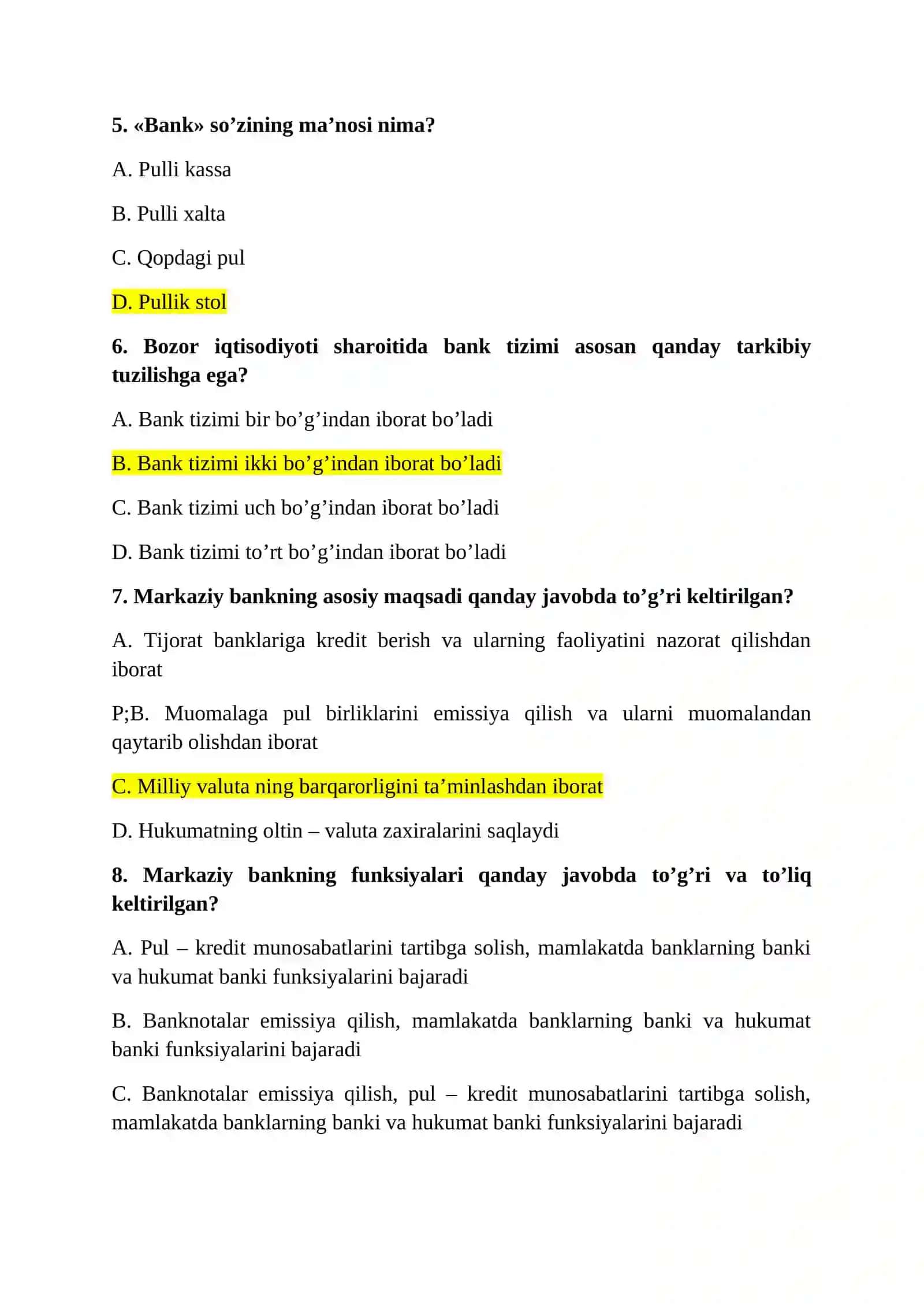«PUL VA BANKLAR» FANIDAN TEST VARIANTLARI 2