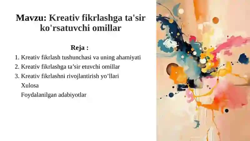 Kreativ fikrlash gata'sir ko'rsatuvchi o'millar 2