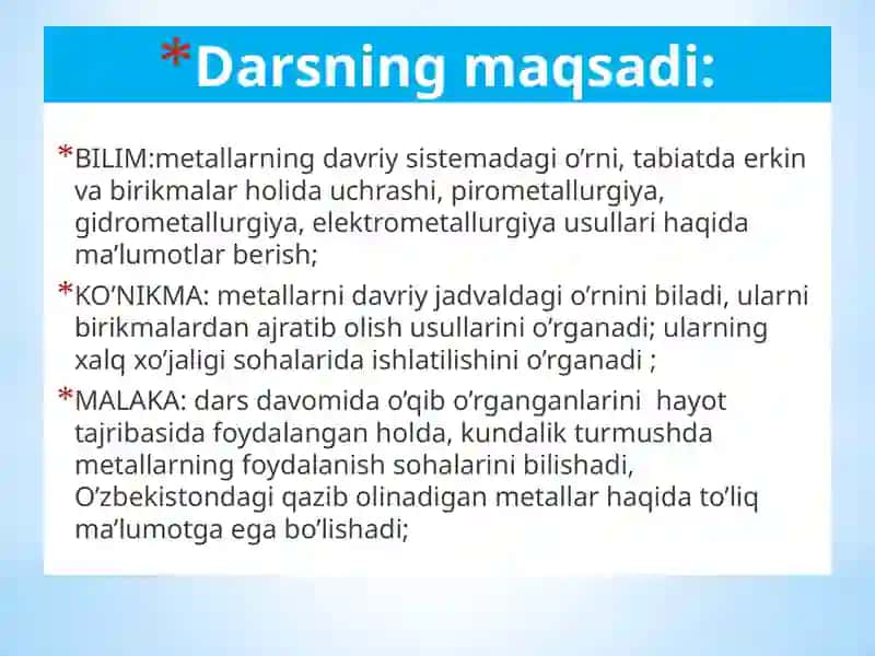 Metallarning tabiatda tarqalishi, olinishi va ishlatilishi 2