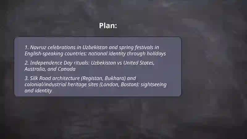 National identities of Uzbekistan and English-speaking countries: Sightseeing, holidays 2