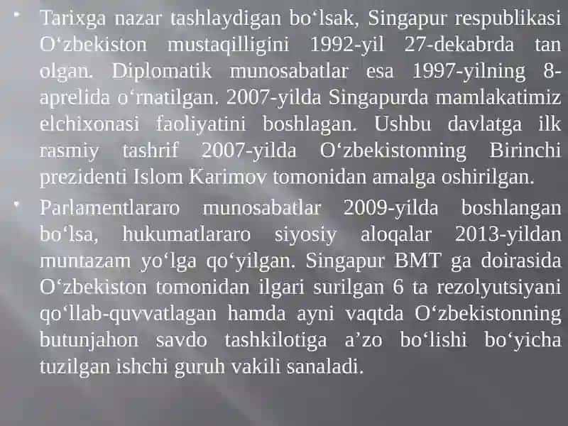 Ozbekiston-Singapur munosabatlari 2