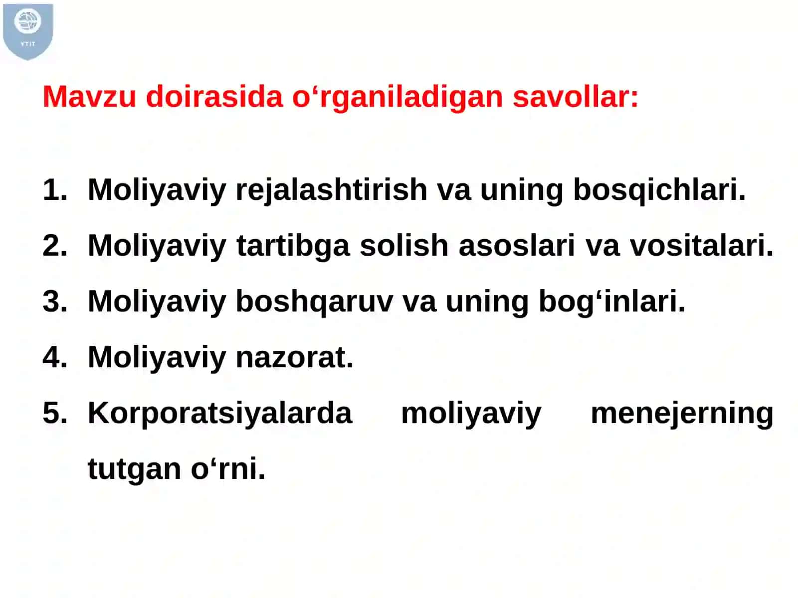 Moliya fanining rejasi 2