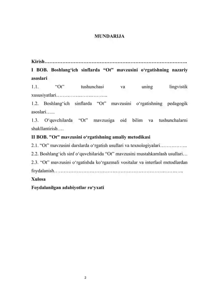 Boshlang‘ich sinflarda ‘Ot’ mavzusini o‘rgatish metodikasi kurs ishi 2