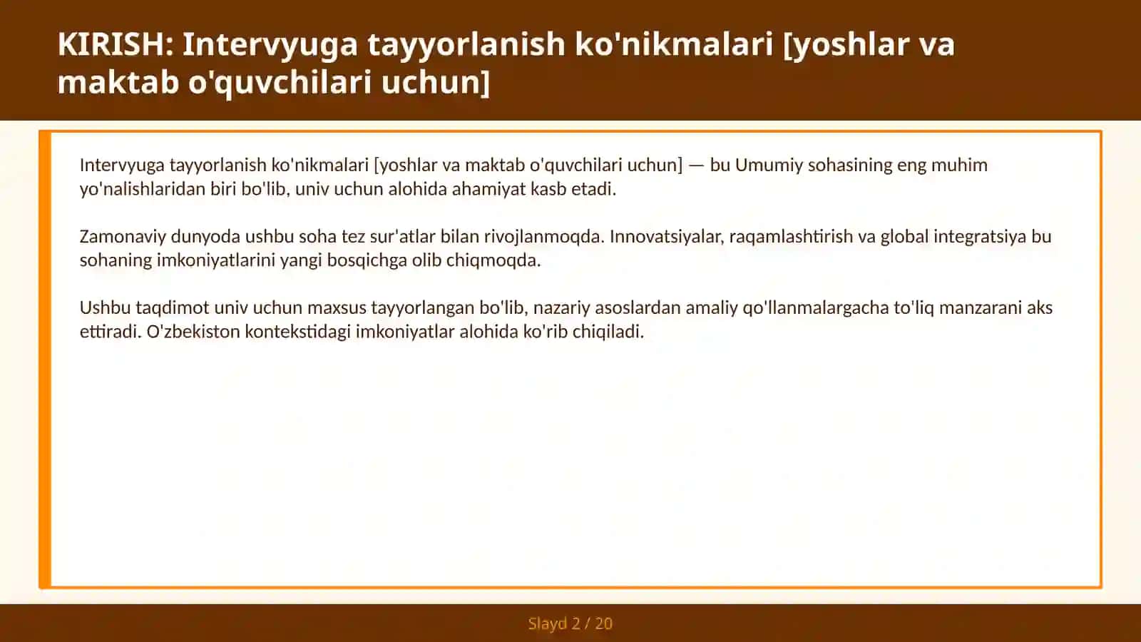 Intervyuga tayyorlanish ko'nikmalari [yoshlar va maktab o'quvchilari uchun] 2