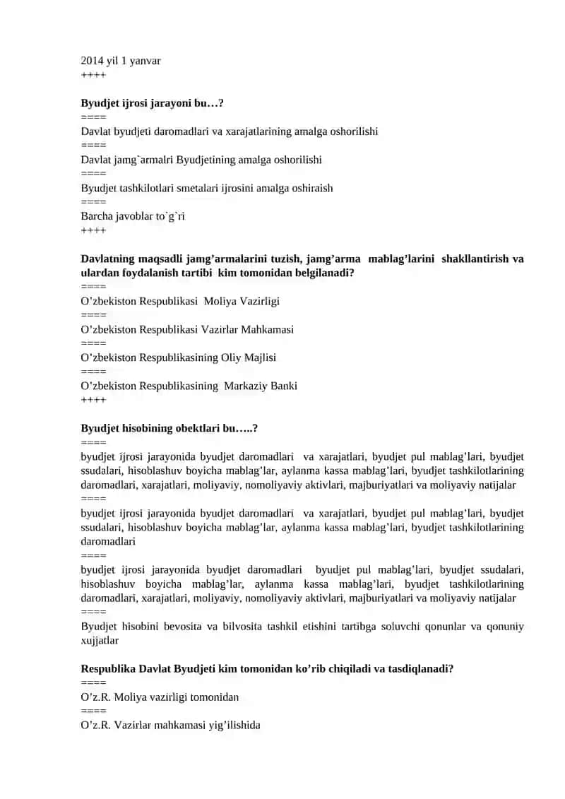 Byudjet hisobi fanidan testlar Yakuniy 2