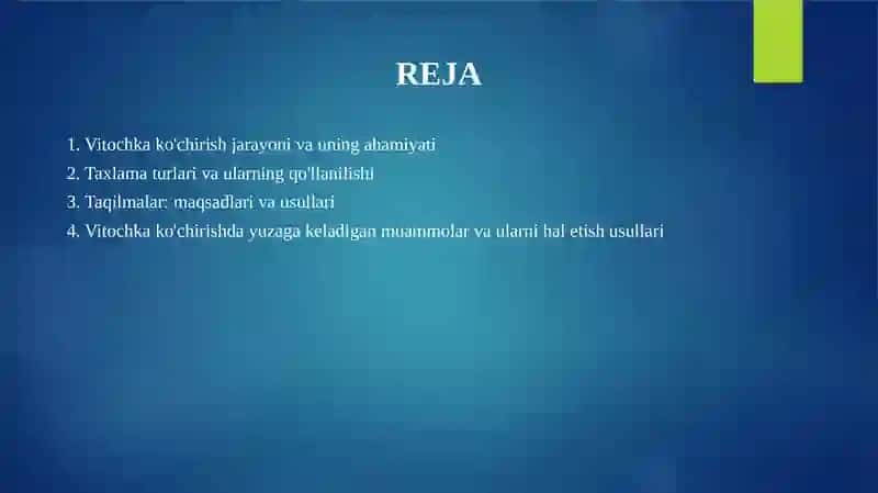 Vitochka ko'chirish, taxlama va taqilmalar. 2
