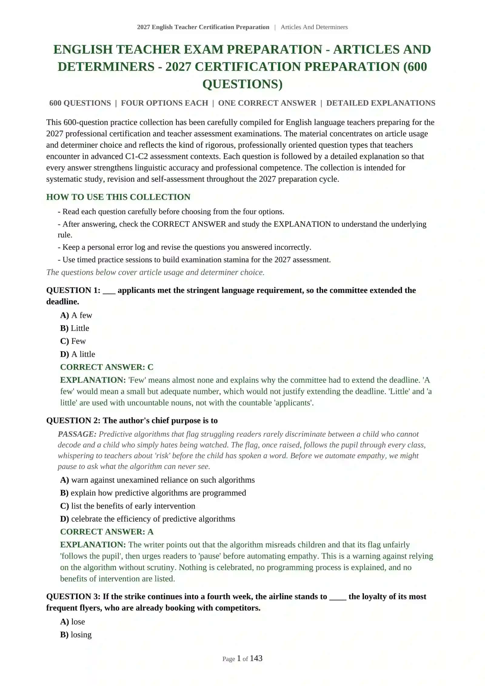 2027 English Teacher Certification Preparation | Articles And Determiners 2