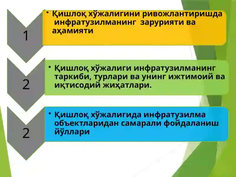 ҚИШЛОҚ ХЎЖАЛИГИДА  ИНФРАТУЗИЛМА ВА УНИ РИВОЖЛАНТИРИШ ЙЎЛЛАРИ 2