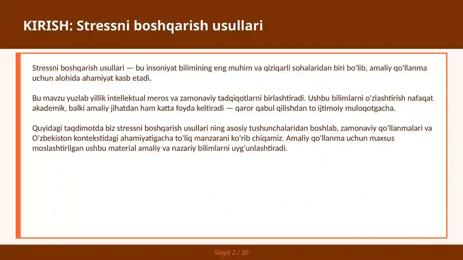 Stressni boshqarish usullari 2