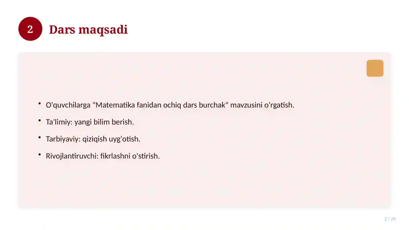 Matematika fanidan ochiq dars burchak 2