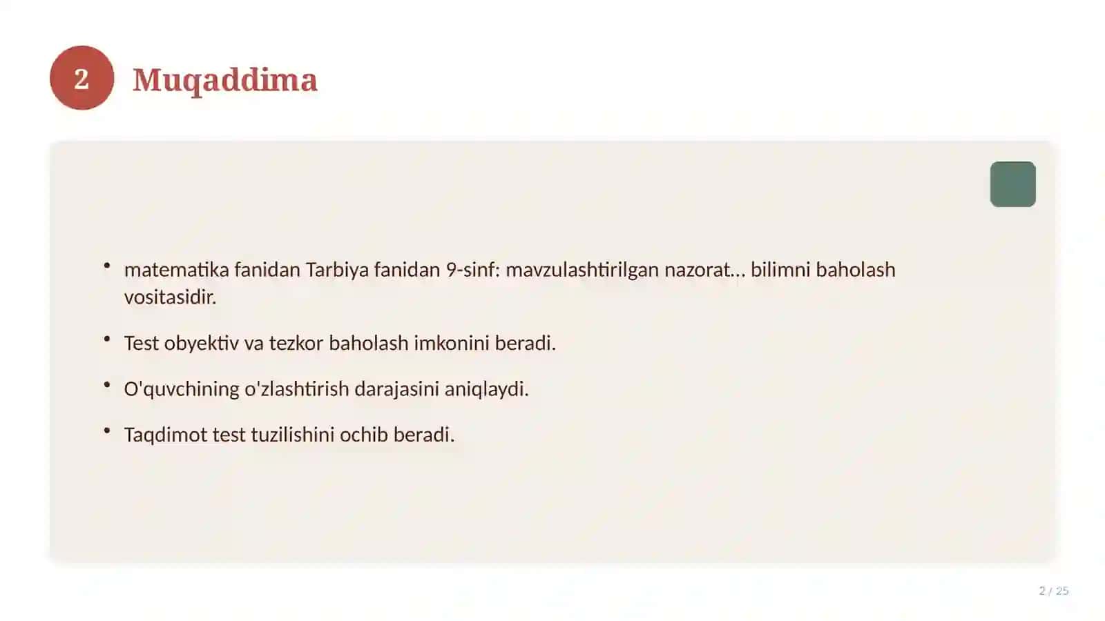 Tarbiya fanidan 9-sinf: mavzulashtirilgan nazorat ishi va tahlil 2
