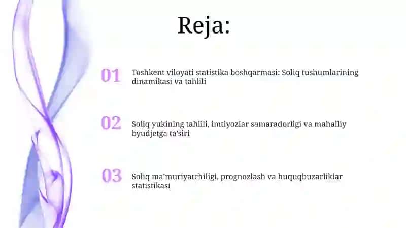 Toshkent viloyati statistika boshqarmasi: Soliq tushumlarining dinamikasi va tahlili 2