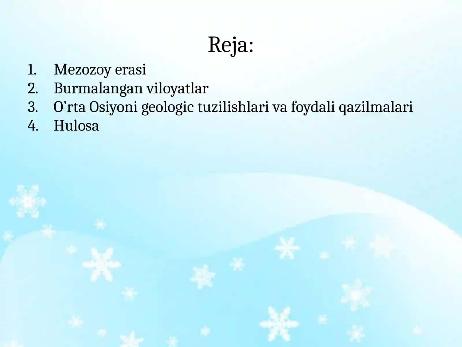 O'rta Osiyodagi mezozoy burmalanishi viloyatlarining geologik tuzilishi,chegaralari o'rinlari 2