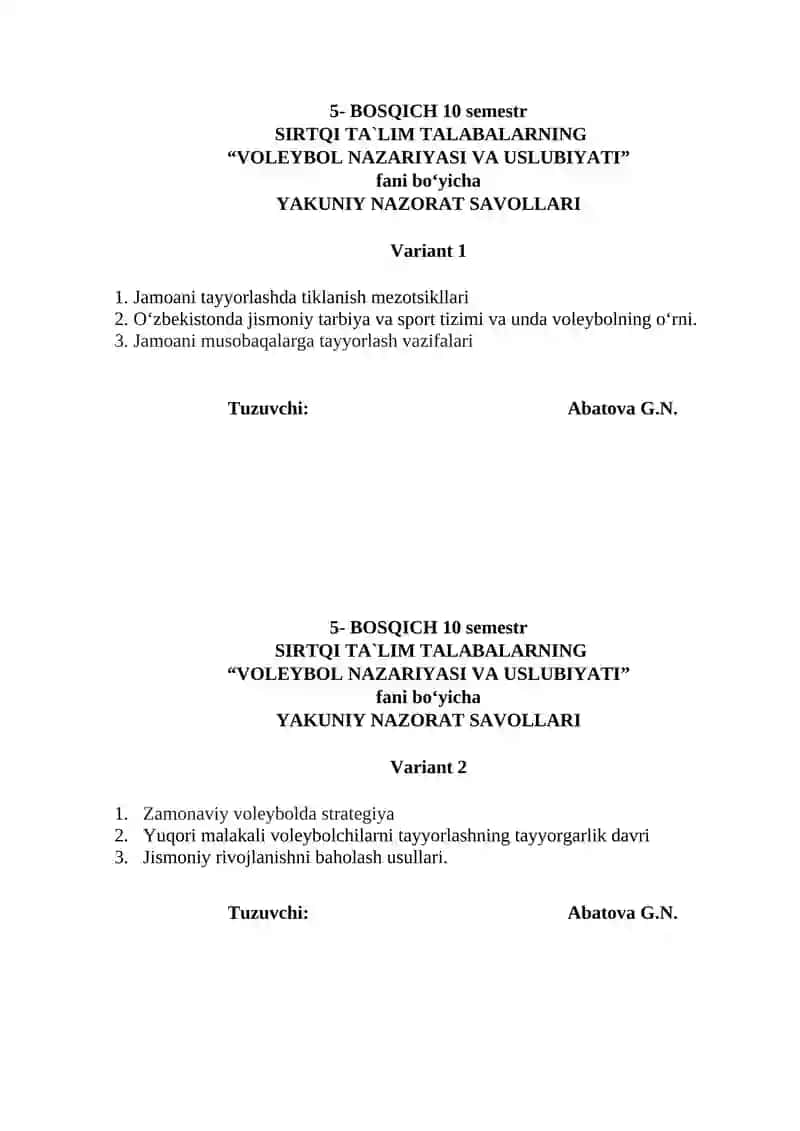 VOLEYBOL NAZARIYASI VA USLUBIYATI 2