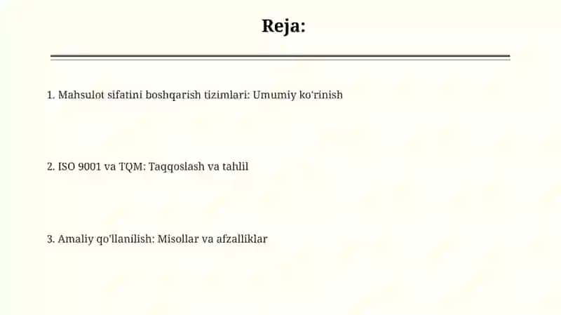 Mahsulotsifatiniboshqarishtizimlari(ISO 9001, TQM)vaularningamaliyqollanilishi 2