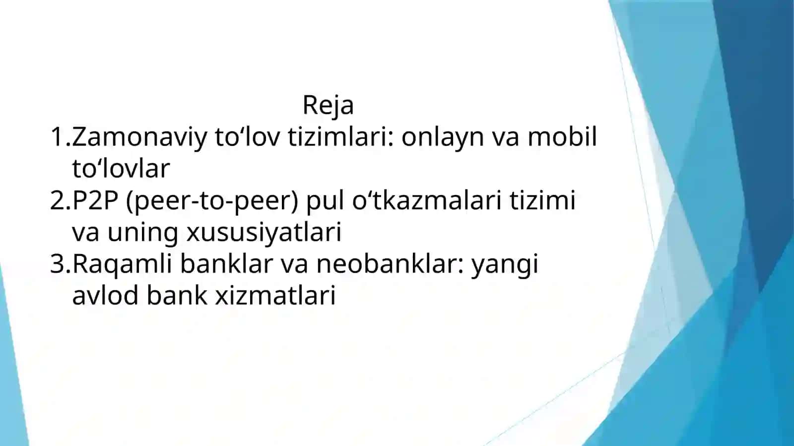 FinTex texnologiyalarining asosiy yo’nalishlari: To’lov tizimlari: online va mobil to’lovlar, P2P (peer-to-peer) pul o’tkazmalari. Raqamli bank va neobanklar 2