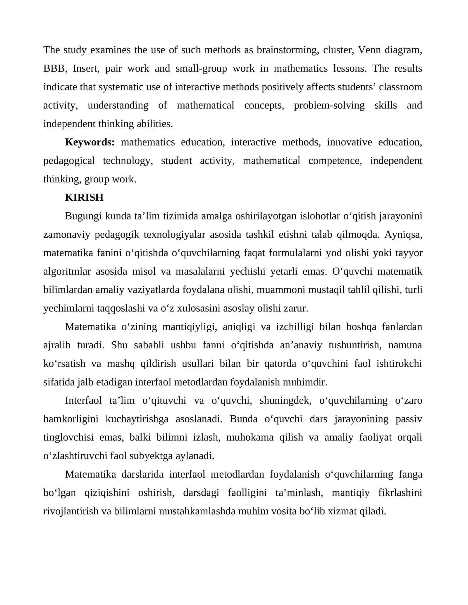 MATEMATIKA DARSLARIDA INTERFAOL METODLARDAN FOYDALANISH SAMARADORLIGI 2