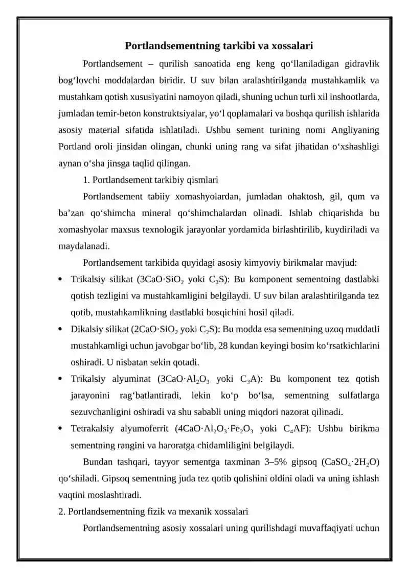 Portlandsement ishlab chiqarish texnologiyasi 2